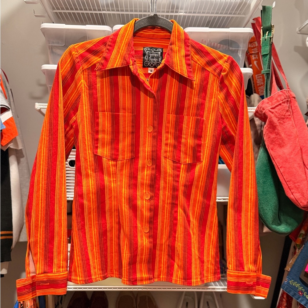Vintage Cynthia Rowley Striped Button-Up | Red Orange | Size 4 | Retro